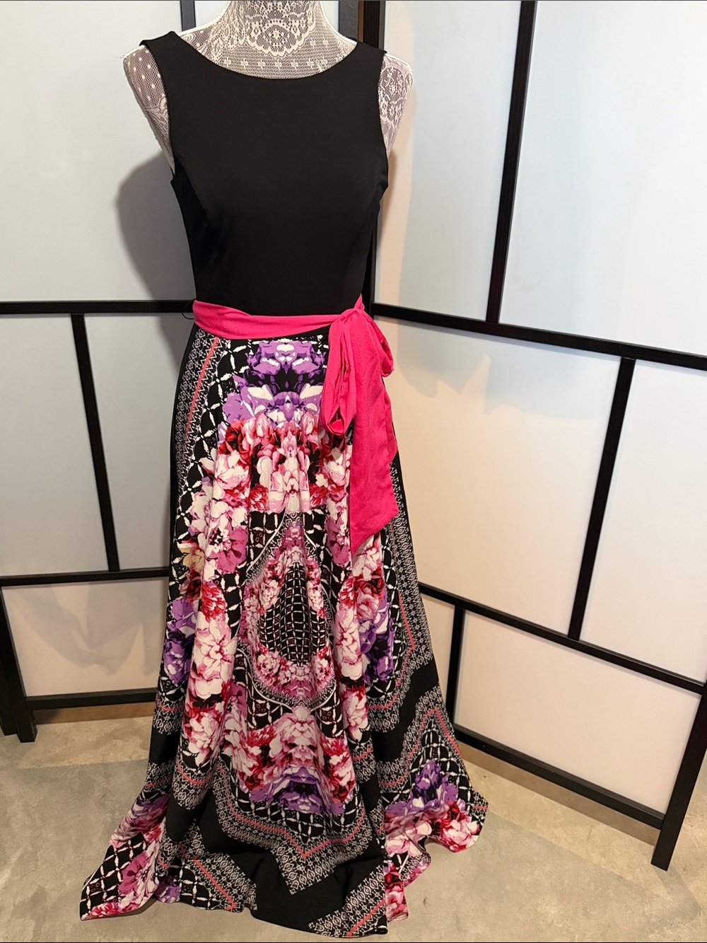 Eliza J Black Maxi Dress with Hot Pink Sash and Purple Floral Print